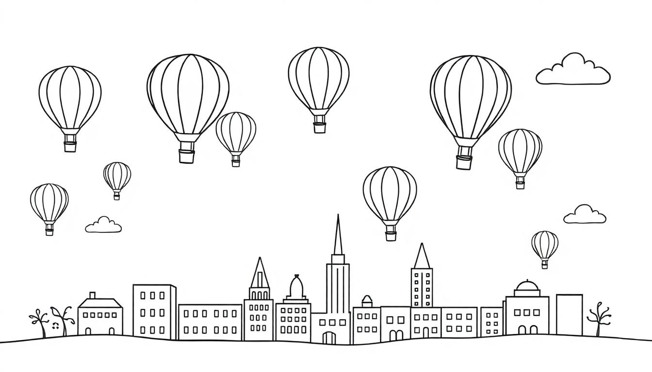 Eine bunte Farbtafel-Farbtafel mit Heißluftballons über einer Stadt.