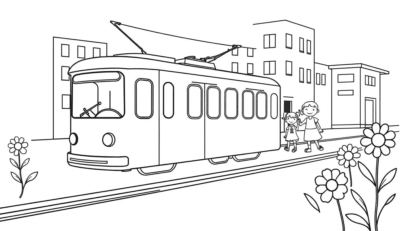 Eine schwarz-weiße Zeichnung einer Straßenbahn mit zwei Mädchen, die Händchen halten, und Gänseblümchen. Farbtafel.