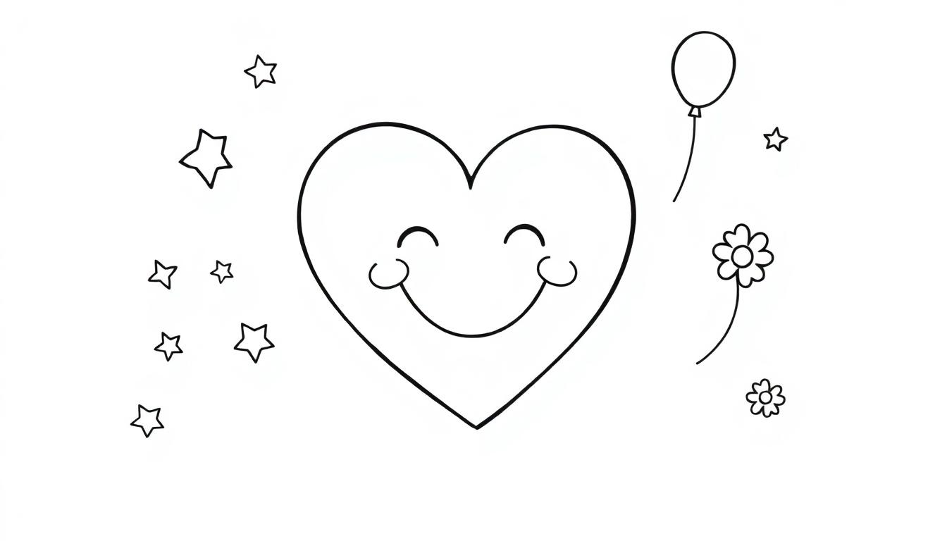Eine Farbtafel-Strichzeichnung eines lächelnden Herzens mit Sternen, Blumen und einem Ballon, perfekt zum Ausmalen.