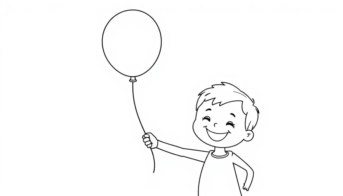 Eine Farbtafel-Zeichnung eines lächelnden Jungen mit kurzen Haaren, der einen ovalen Ballon hält. Der Hintergrund ist weiß.