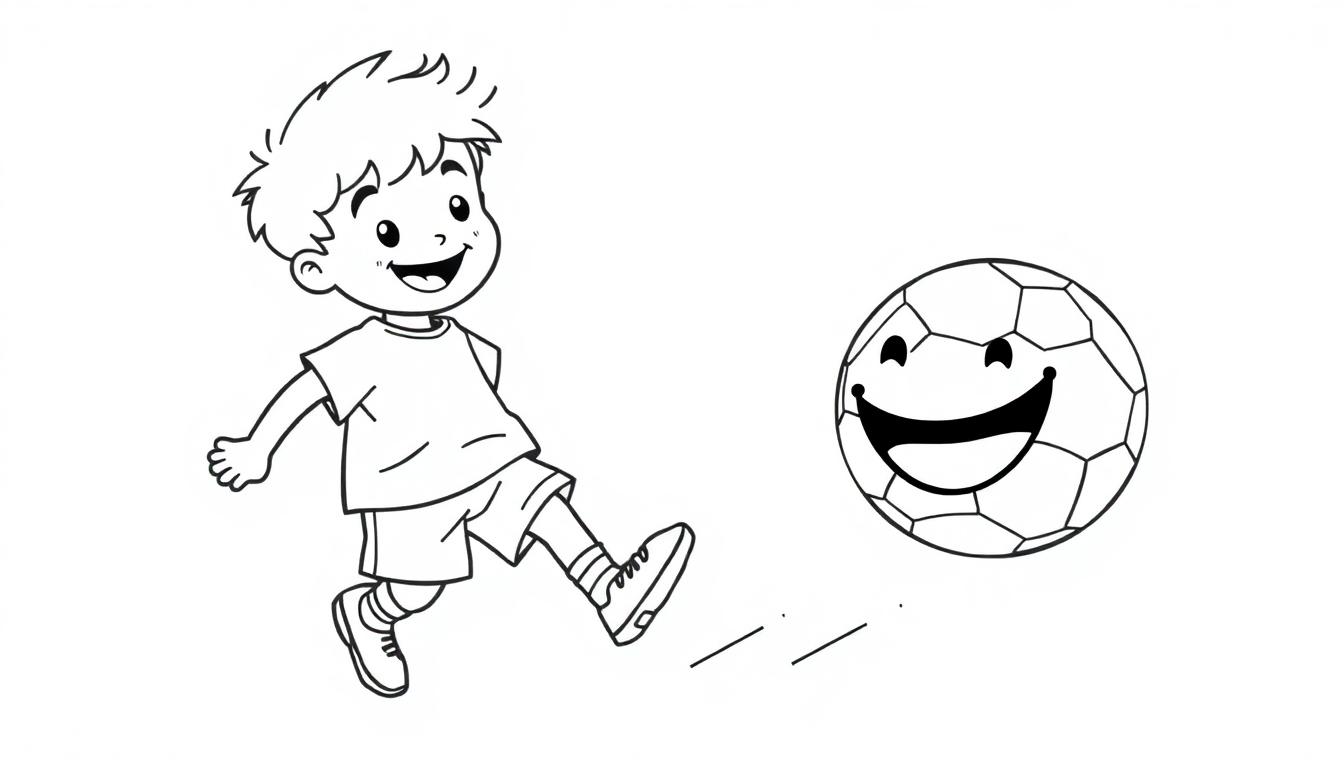 Schwarz-Weiß-Farbtafel eines fröhlichen kleinen Jungen, der einen Fußball tritt.