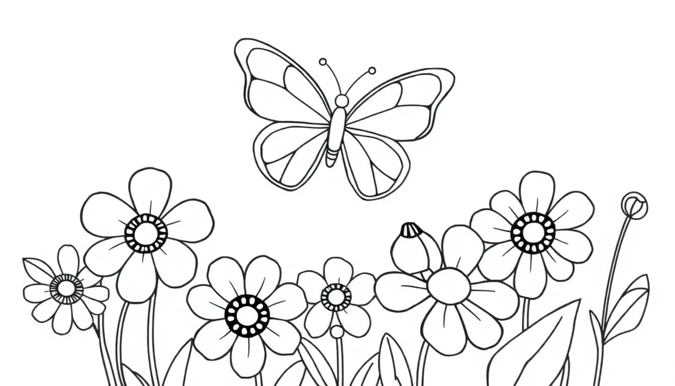 Eine schwarz-weiße Farbtafel einer Blumenwiese mit einem Schmetterling.