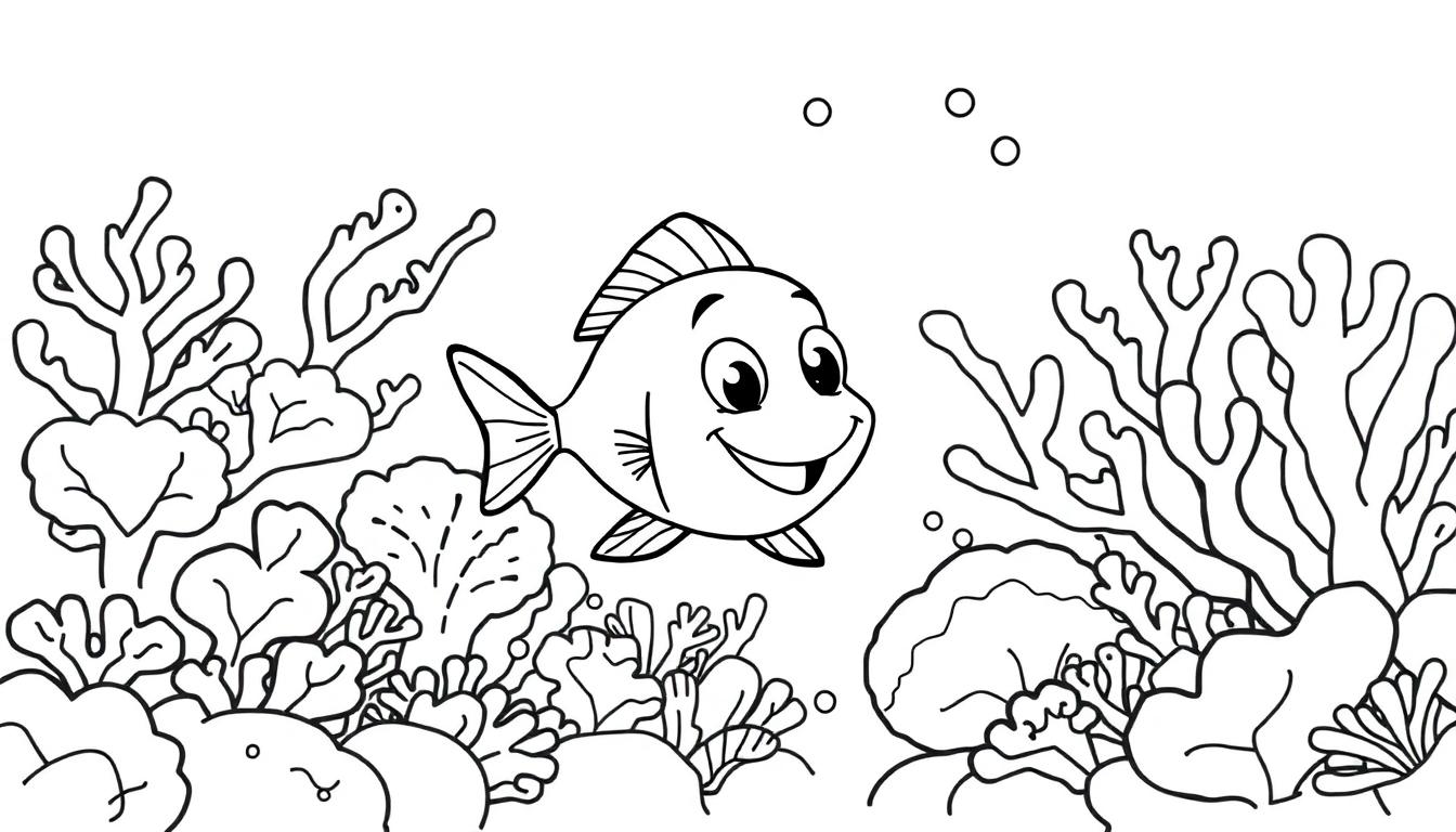 Schwarz-Weiß-Zeichnung eines Cartoon-Fisches in einem Korallenriff, eine Farbtafel für Kinder.