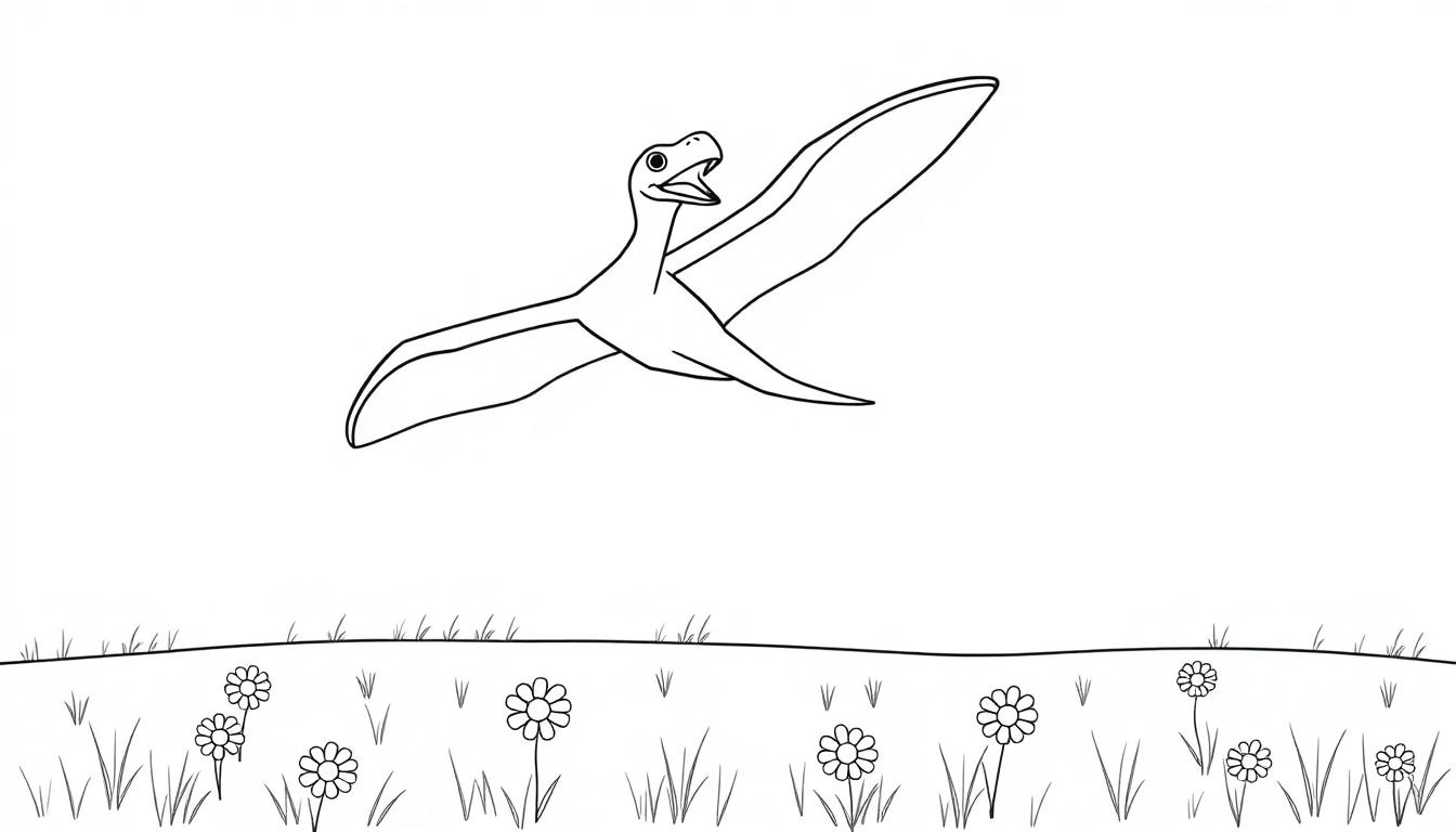 Schwarz-weiße Farbtafel-Illustration eines Pteranodons mit weit geöffnetem Schnabel, der über einer Wiese fliegt.
