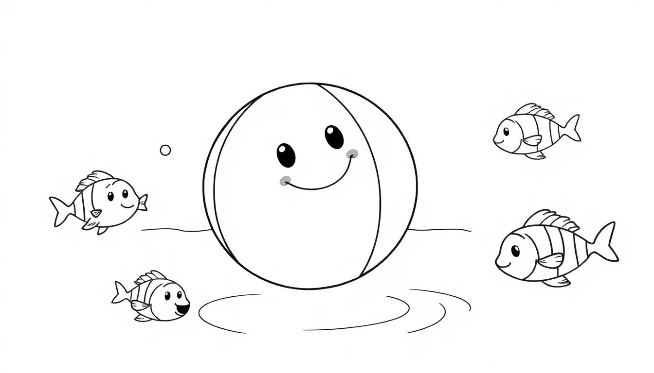 Eine schwarz-weiße Farbtafel eines Cartoon-Strandballs mit einem freundlichen Gesicht, der im Wasser schwimmt, umgeben von drei kleinen Fischen und gekrümmten Linien, die Wellen darstellen.