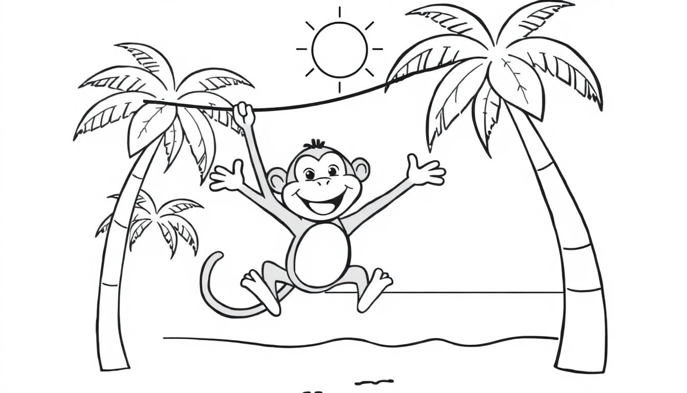 Eine Farbtafel mit einem Cartoon-Affen, der zwischen Palmen schwingt.