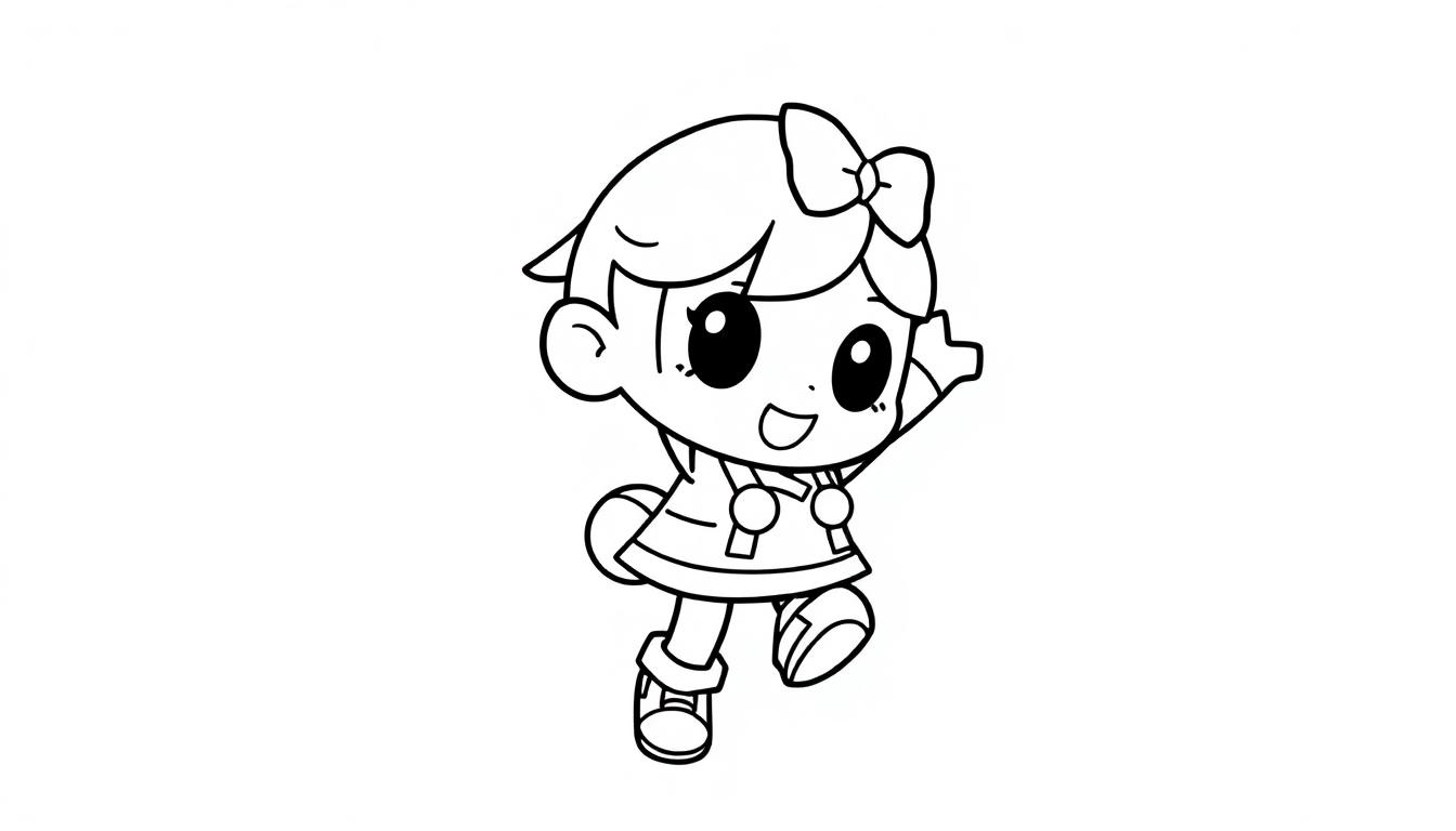 Niedliche Farbtafel-Zeichnung einer stilisierten jungen Frau im Chibi-Stil mit großen Augen und einem Ball.