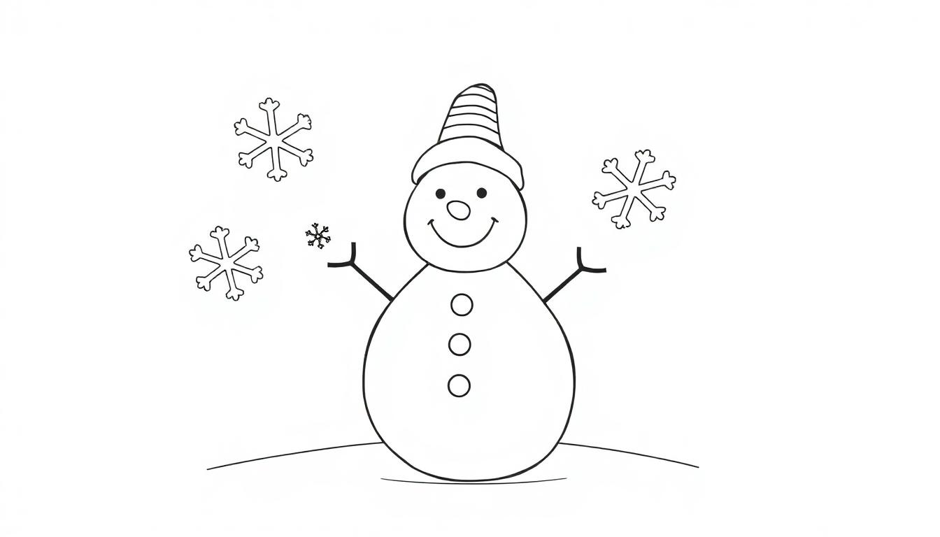 Eine Farbtafel eines lächelnden Schneemanns mit gestreifter Mütze und drei Schneeflocken.