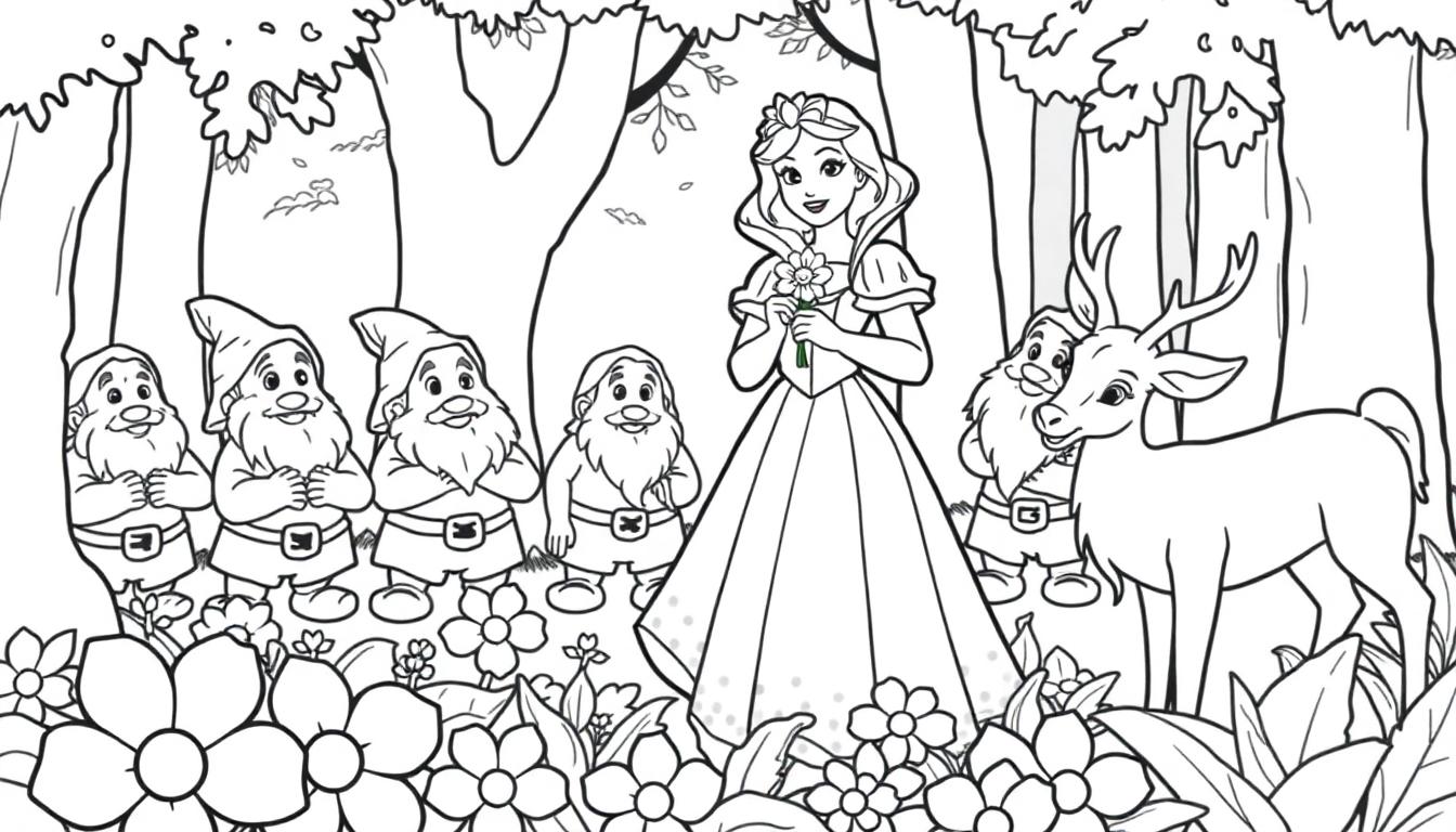 Farbtafel: Schneewittchen mit den sieben Zwergen und einem Hirsch im Zauberwald mit bunten Blumen.