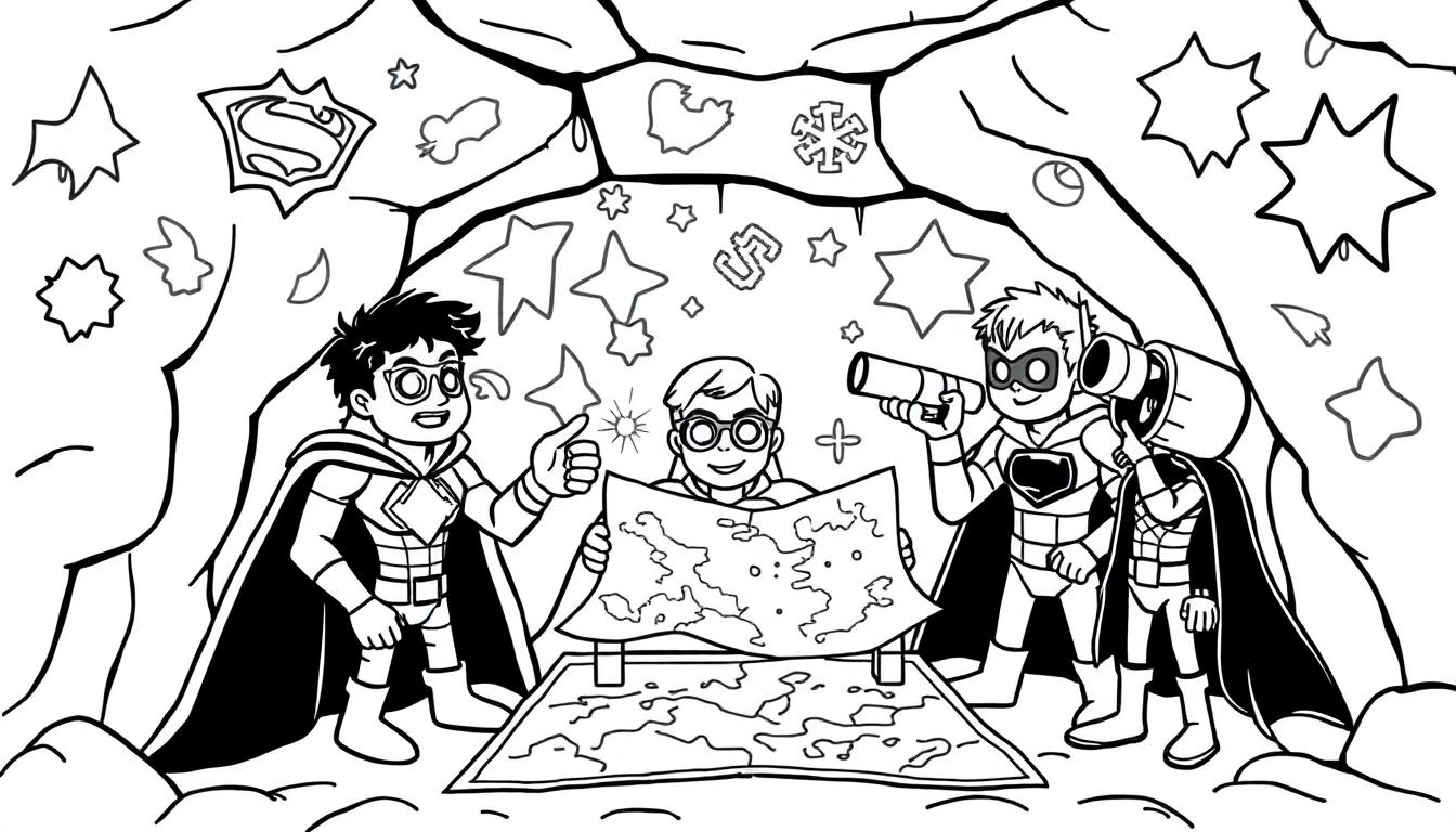 Schwarz-Weiß-Cartoon von drei jungen Superhelden in einer Höhle, einer mit Karte, alle bereit für ein Abenteuer. Eine Farbtafel der Planung.