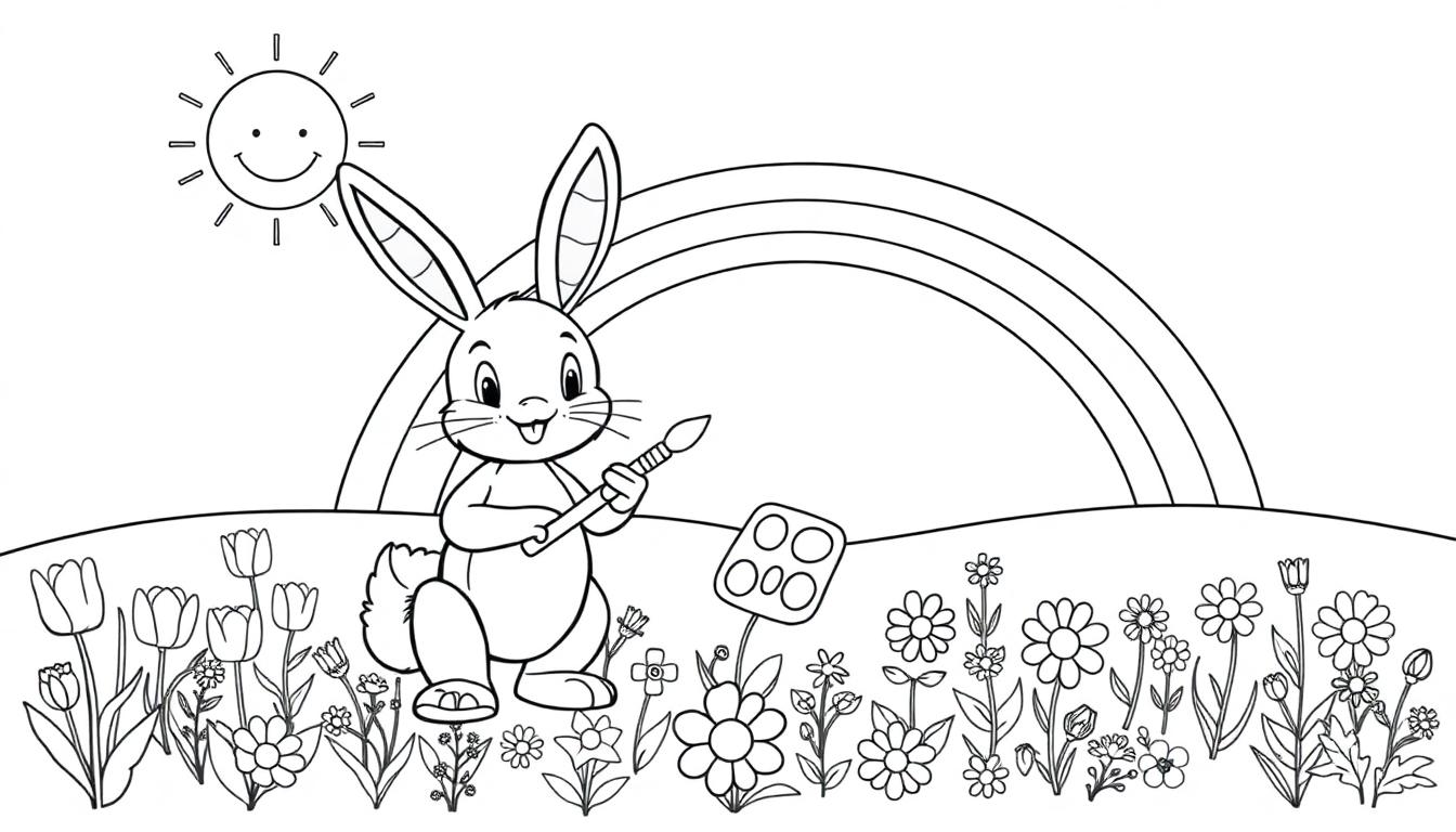Schwarz-Weiß-Farbtafel: Ein Hase malt einen Regenbogen mit Sonne und Blumen.