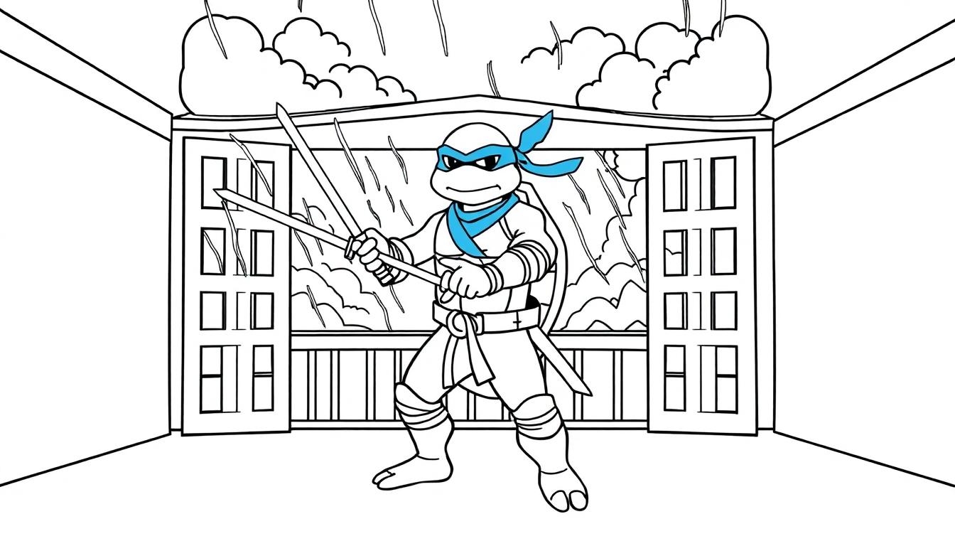 Leonardo, die Ninja-Schildkröte, posiert mit seinen Katanas vor einer stürmischen Kulisse, bereit für eine Farbtafel.