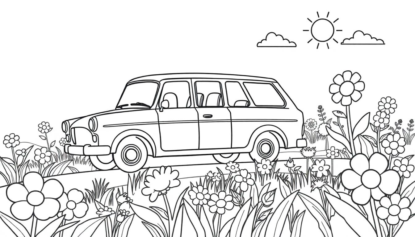 Schwarz-Weiß-Zeichnung eines Oldtimer-Kombis inmitten einer bunten Blumenwiese mit Sonne und Wolken, geeignet als Farbtafel-Ausmalbild.