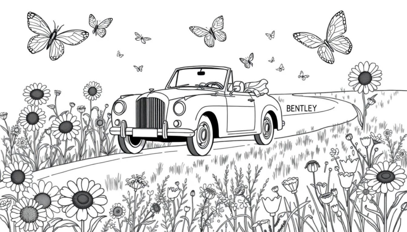 Schwarz-weiße Farbtafel: Ein Oldtimer-Cabriolet fährt über eine kurvige Straße durch eine Wiese voller Gänseblümchen und Wildblumen, umgeben von Schmetterlingen, mit dem Wort 'BENTLEY' auf der Straße.