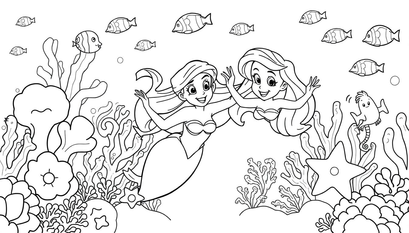 Schwarz-Weiß-Farbtafel: Zwei Meerjungfrauen spielen unter Wasser mit Fischen, die Buchstaben tragen, Seepferdchen und Korallen.