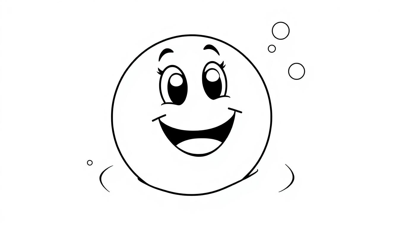 Eine fröhliche Farbtafel eines Cartoon-Wasserballs mit lachenden Augen und aufsteigenden Blasen.