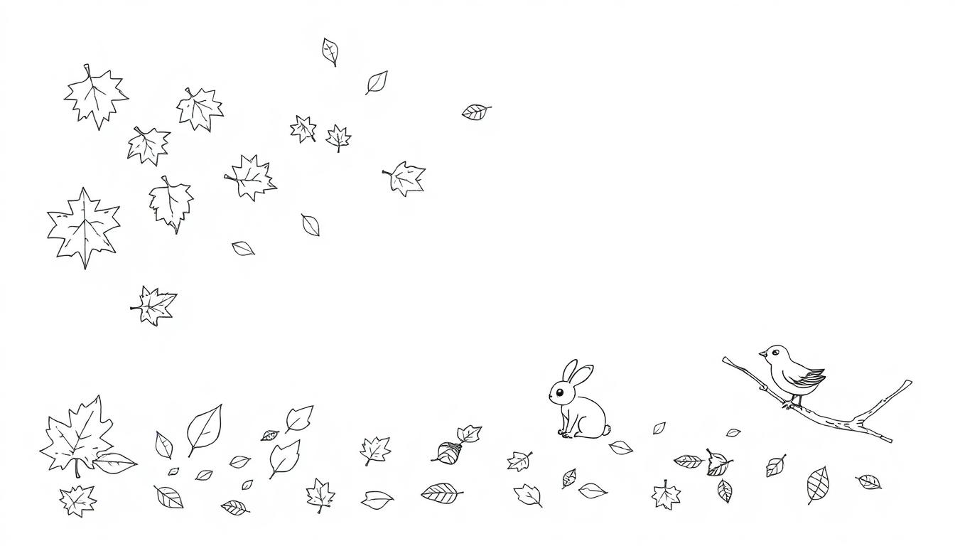 Schwarz-weiße Farbtafel einer Herbstszene mit fallenden Ahornblättern und einem kleinen Vogel und Kaninchen.