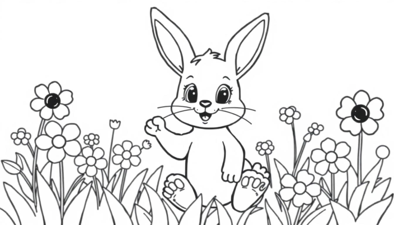 Eine Schwarz-Weiß-Farbtafel eines Cartoon-Hasen, der in einem Blumenfeld sitzt und winkt.