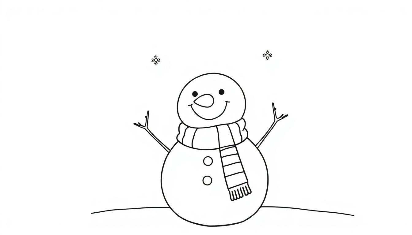 Eine Farbtafel mit einem lächelnden Schneemann mit einer Karottennase und einem bunten Schal, bereit zum Ausmalen.