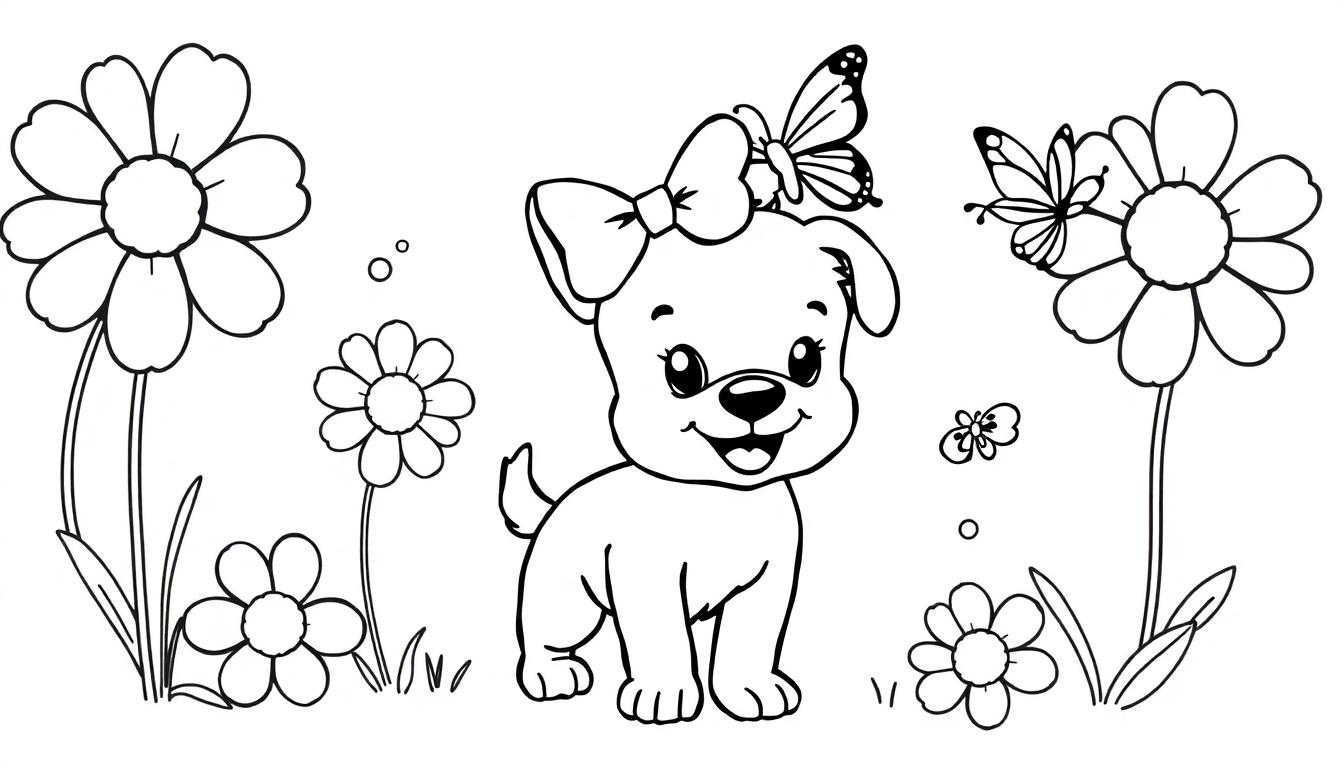 Eine niedliche Cartoon-Hundefarbtafel mit einer roten Schleife und Schmetterlingen.
