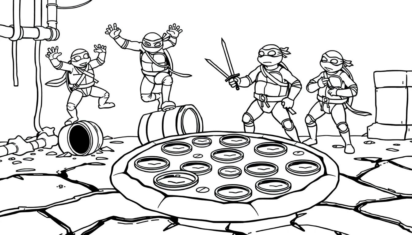 Eine Schwarzweiß-Farbtafel der Teenage Mutant Ninja Turtles in der Kanalisation, die mit einer riesigen Pizza herumtollen und ihre Ninja-Fähigkeiten üben.