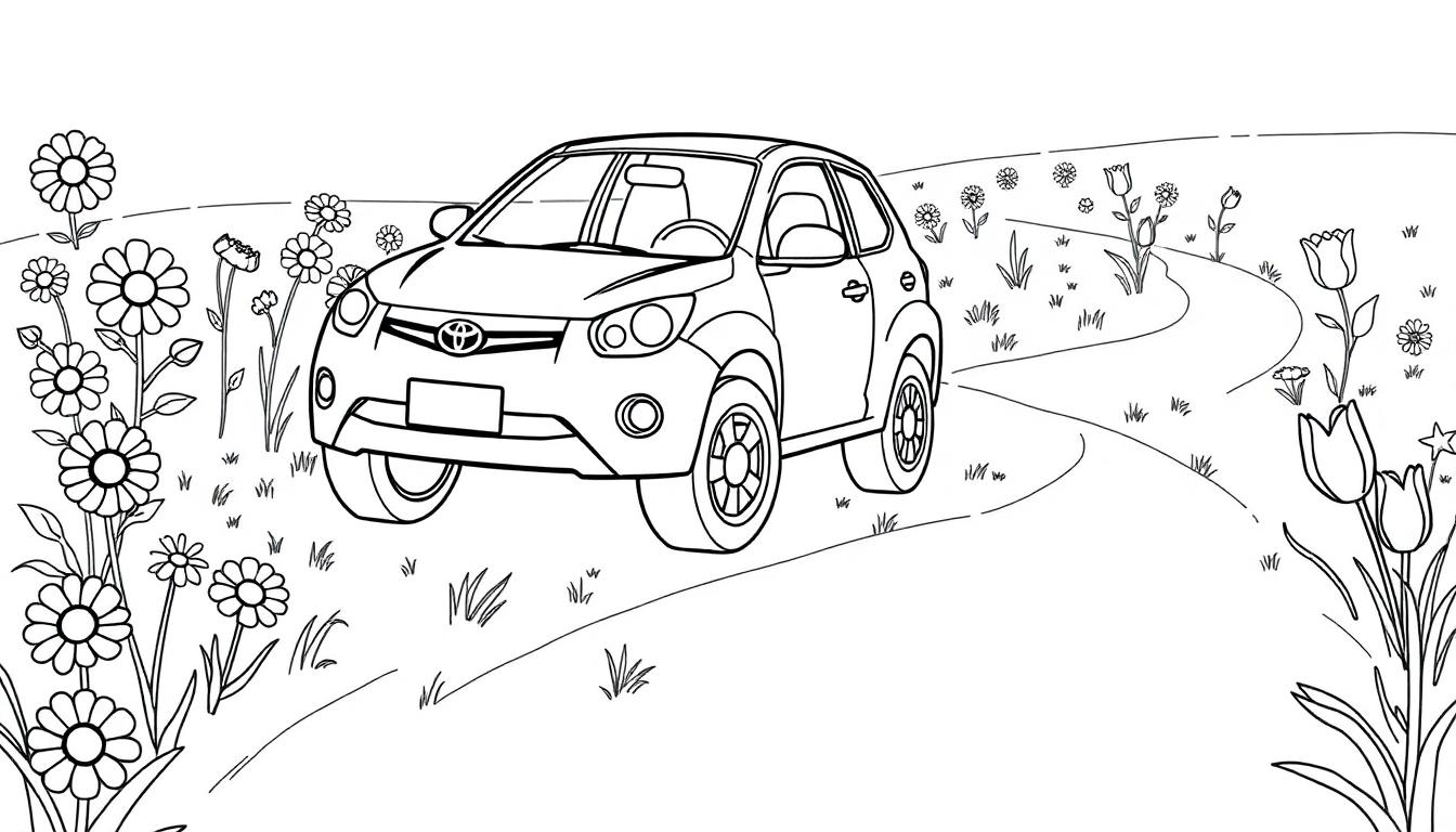 Schwarz-Weiß-Farbtafel eines kleinen Toyota SUVs, der durch eine Blumenwiese fährt.