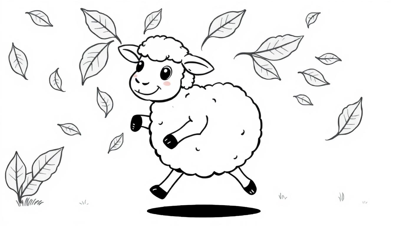 Ein niedliches schwarz-weißes Cartoon-Schaf mit wolliger Textur und freundlichem Gesicht, das durch eine Landschaft mit fallenden Blättern und Gras läuft. Eine Farbtafel Illustration.