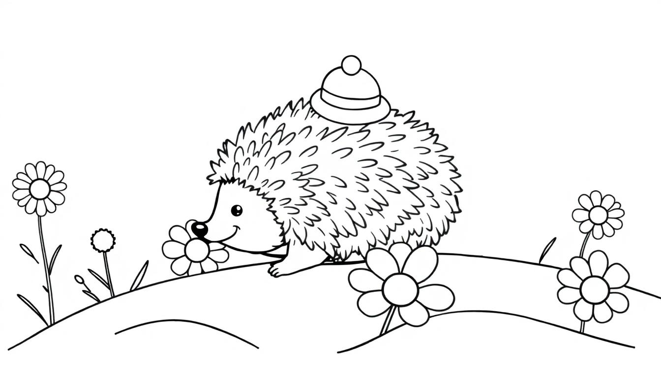 Eine bunte Farbtafel eines Cartoon-Igels mit Hut auf einer Blumenwiese.