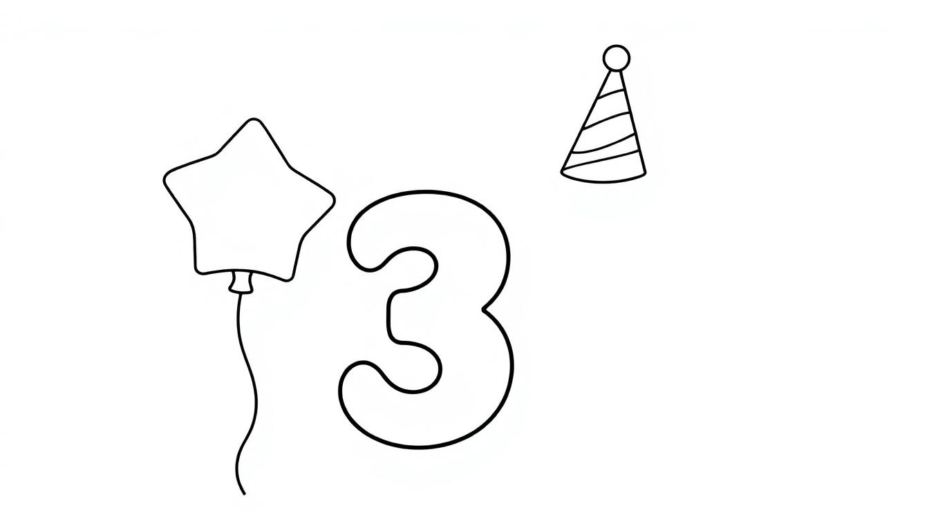 Eine einfache Schwarz-Weiß-Farbtafel mit einer Zahl 3, einem Ballon und einem Partyhut.