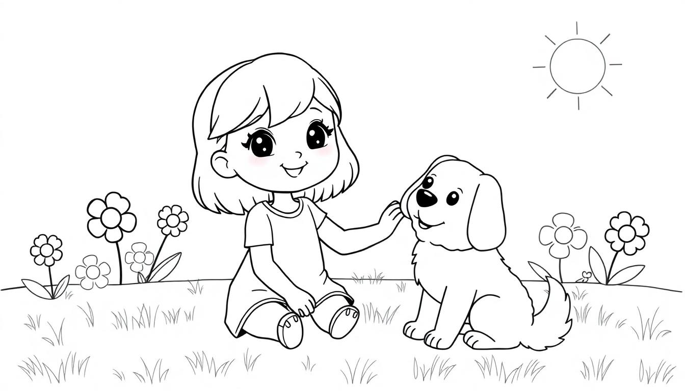 Eine niedliche Toca Boca Farbtafel mit einem Mädchen mit bunten Haaren, das einen Hund im Park streichelt.