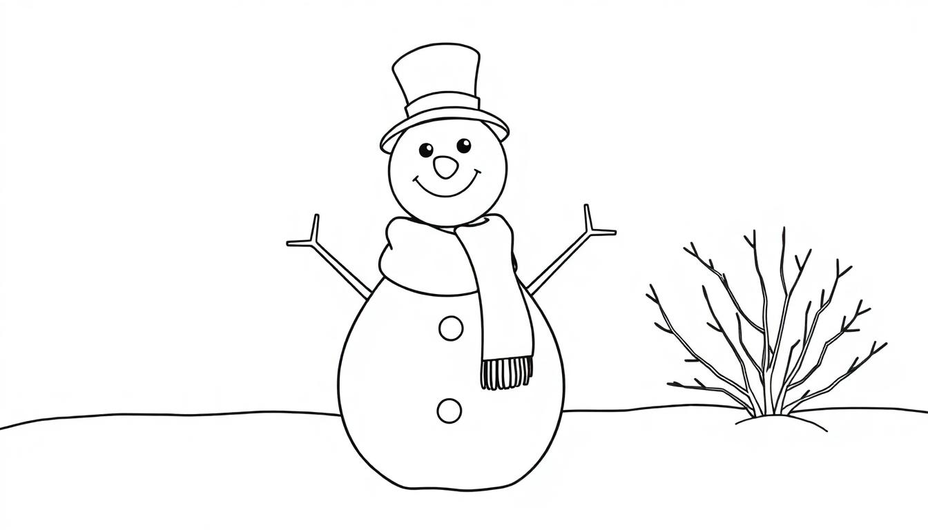 Farbtafel: Ein fröhlicher Schneemann mit Hut und Schal in einer verschneiten Landschaft.