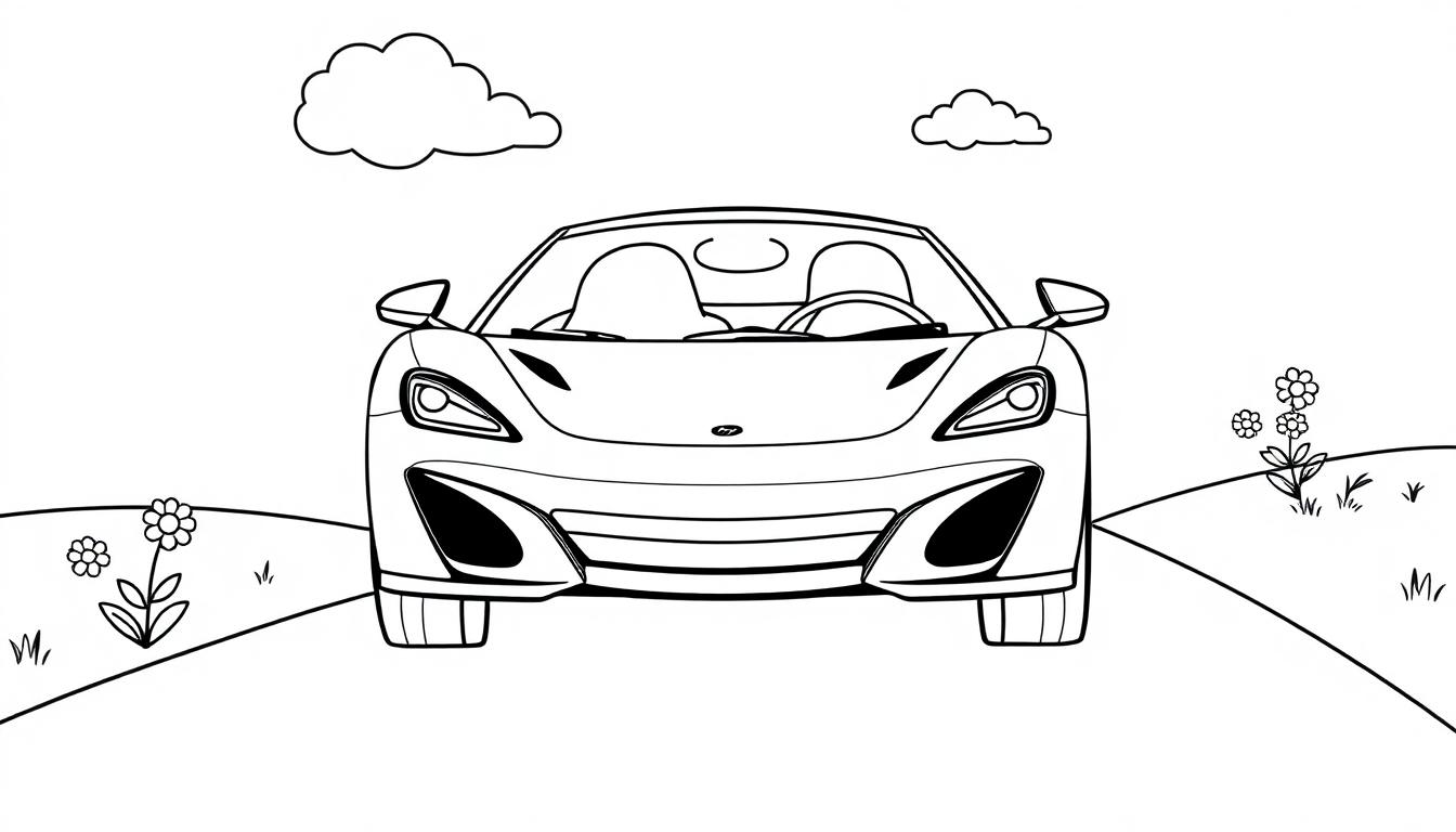 Ein bunter McLaren auf einem Hügel mit Blumen und Wolken, eine Farbtafel der Freude.