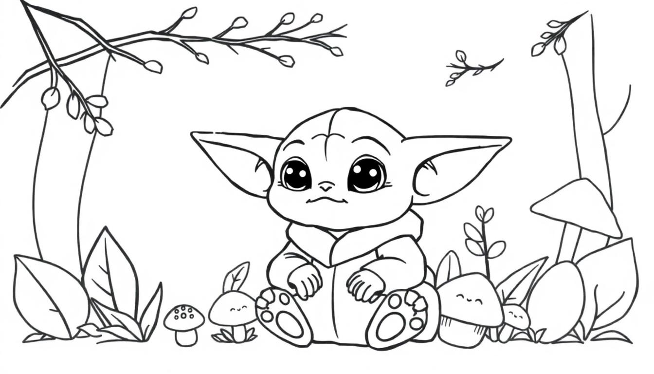 Baby Yoda in einem Wald, bereit zum Ausmalen, mit Waldpflanzen als Farbtafel.