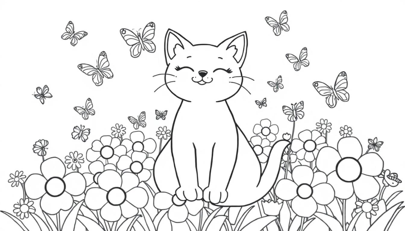 Eine süße Katze sitzt in einem Blumenmeer und schnurrt fröhlich in dieser Farbtafel-Zeichnung. Viele bunte Schmetterlinge fliegen um sie herum.