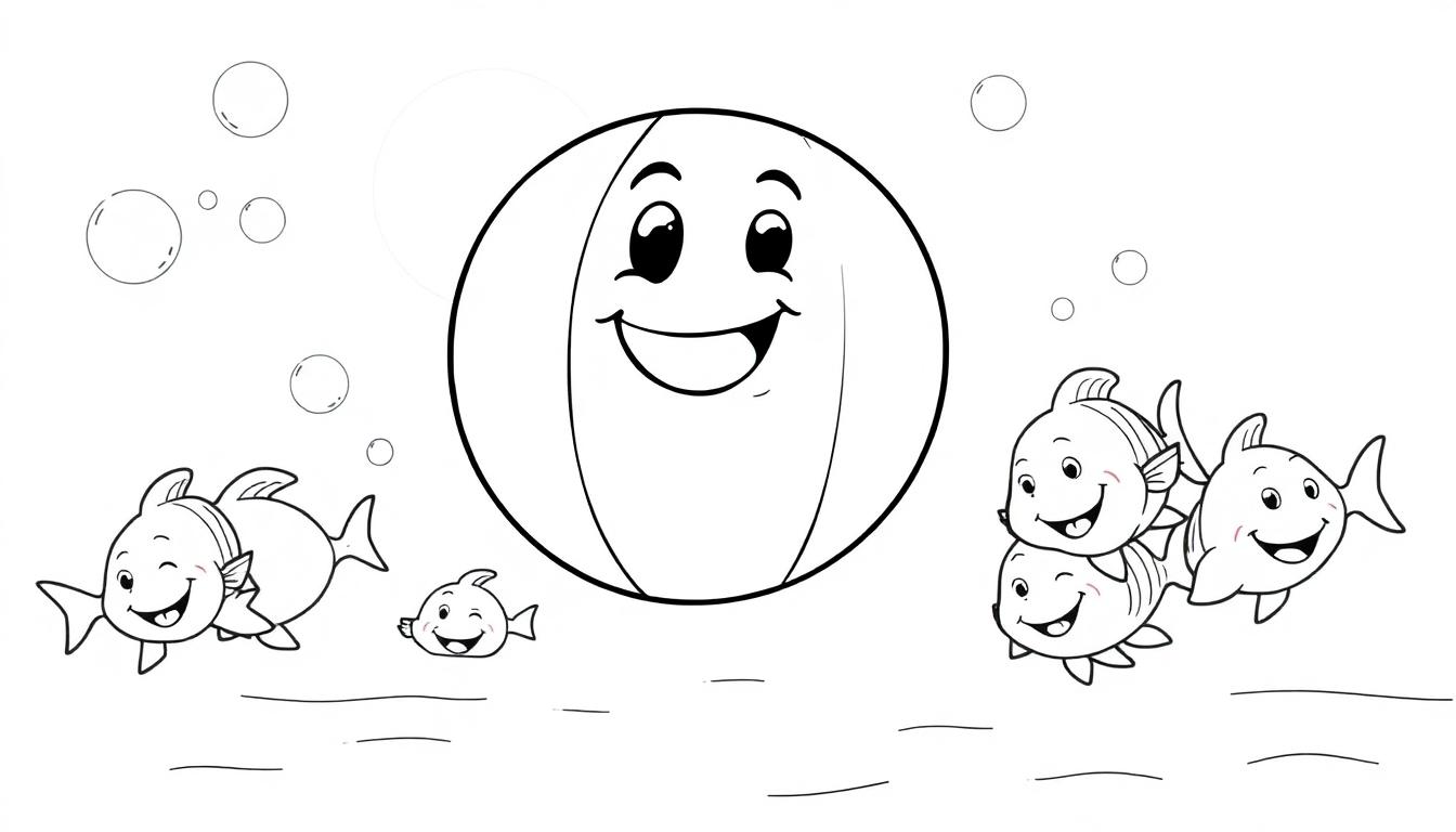Eine schwarz-weiße Cartoon-Farbtafel mit einem lachenden Strandball und freundlichen Fischen unter Wasser.