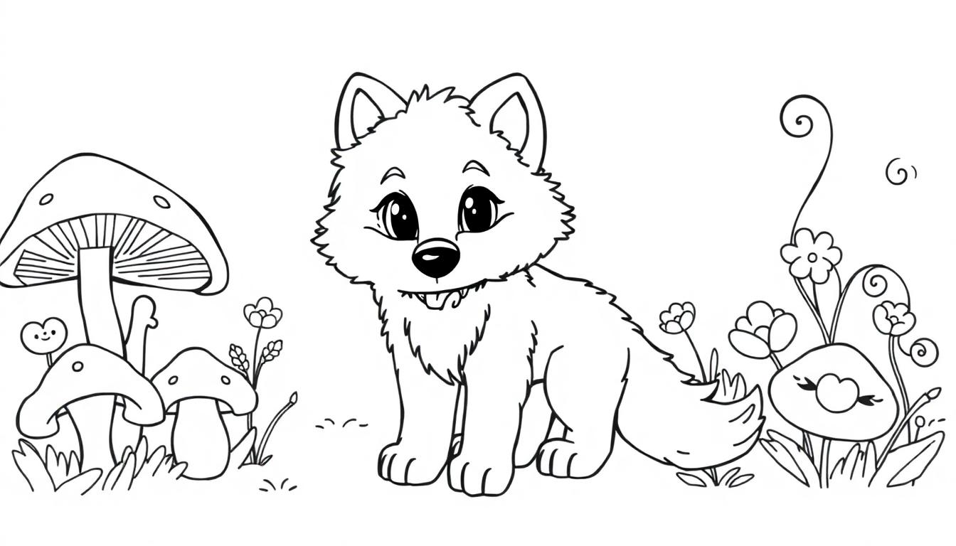 Schwarz-weiße Farbtafel eines Cartoon-Wolfswelpen in einem Wald mit Pilzen und Blumen.