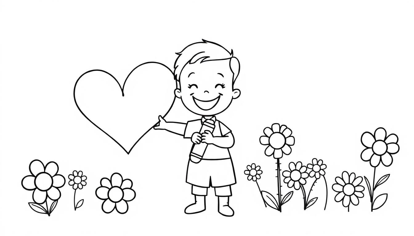 Schwarz-Weiß-Farbtafel eines lächelnden Jungen, der in einem Blumenfeld ein Herz und einen Stift hält.
