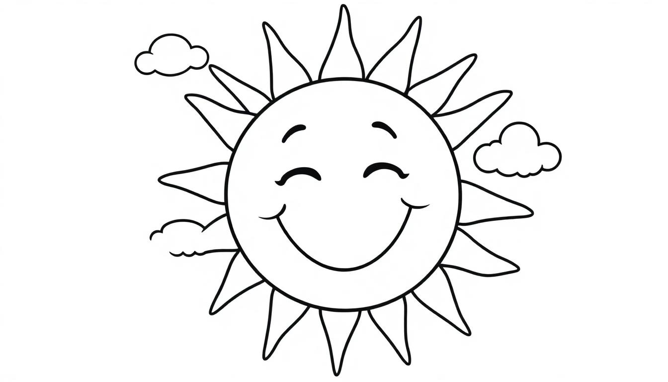 Eine fröhliche Schwarz-Weiß-Farbtafel-Sonne mit lächelnden Strahlen und kleinen Wolken im Hintergrund.