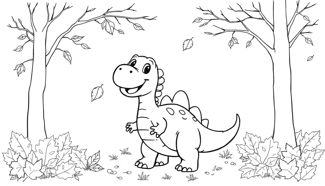 Eine freundliche Cartoon-Farbtafel-Dinosaurier-Zeichnung im Herbstwald.