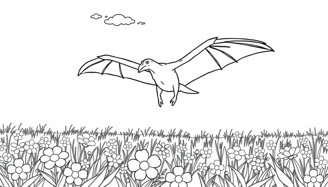 Ein freundlicher Pteranodon fliegt über eine bunte Farbtafel-Wiese mit Blumen und Gras.