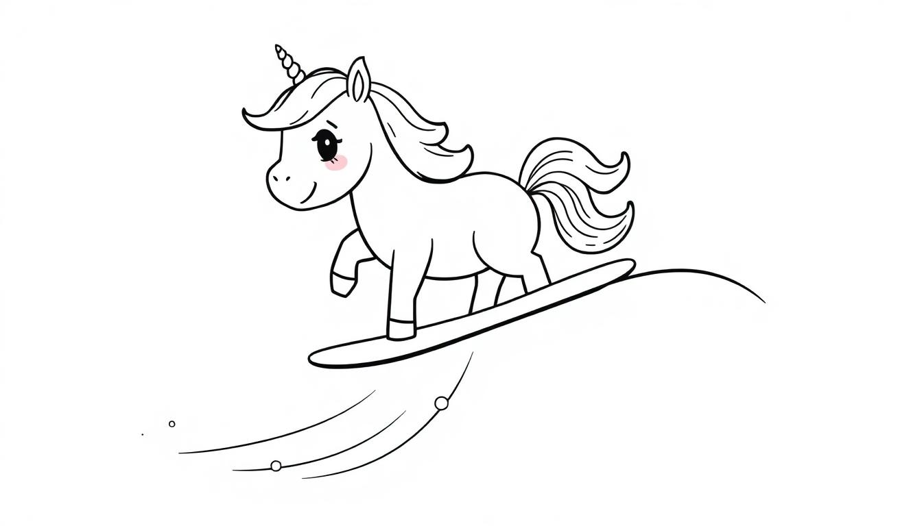 Ein niedliches Einhorn im Cartoon-Stil surft auf einer Welle auf seinem Surfbrett, eine Farbtafel zum Ausmalen.