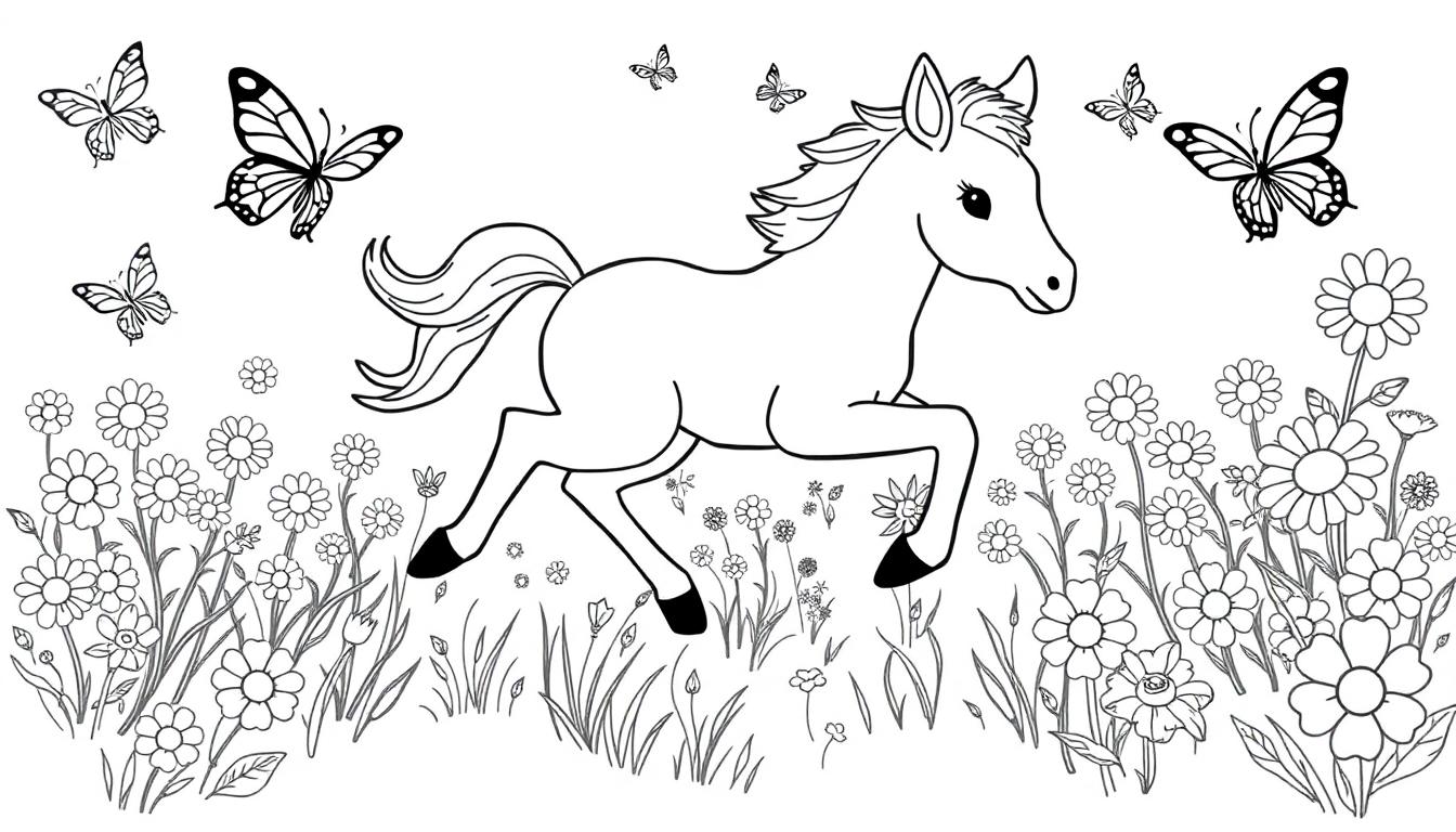 Eine schwarz-weiße Zeichnung eines verspielten Fohlens, das durch eine Blumenwiese springt, mit Schmetterlingen in der Luft, bereit zum Ausmalen als Farbtafel.