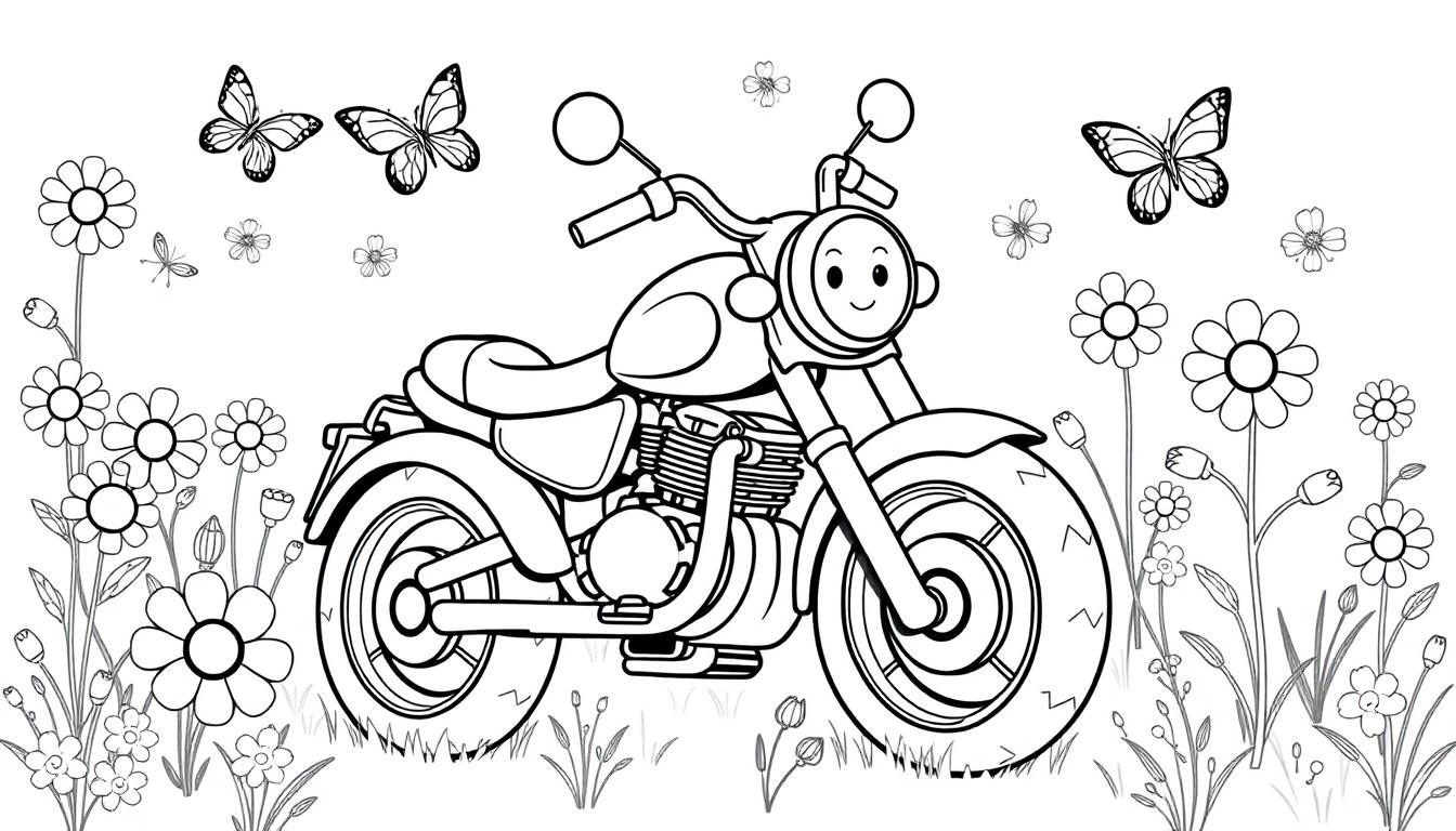 Schwarz-Weiß-Farbtafel-Zeichnung eines Motorrads mit einem Smiley-Gesicht auf dem Scheinwerfer, das in einer Blumenwiese steht, mit Schmetterlingen, die darüber fliegen.