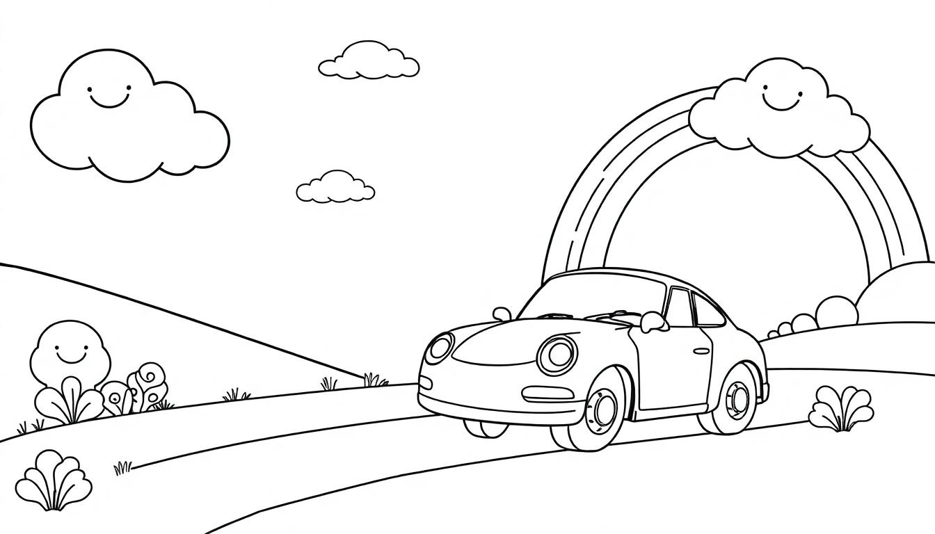 Ein Cartoon-Auto auf einer Straße unter einem Regenbogen und lächelnden Wolken, eine bunte Farbtafel der Freude.