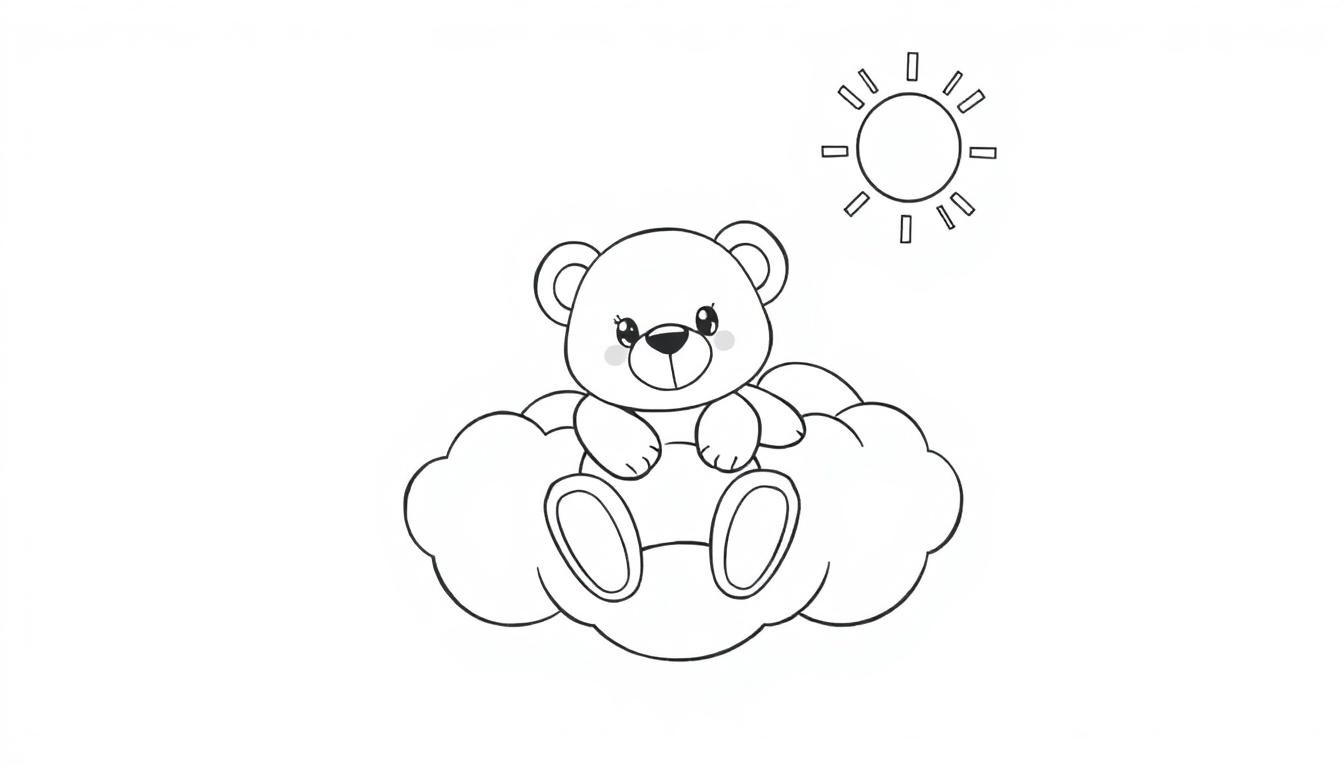 Bleistiftzeichnung eines Cartoon-Teddybären, der auf einer Wolke sitzt, mit einer stilisierten Sonne darüber. Farbtafel.