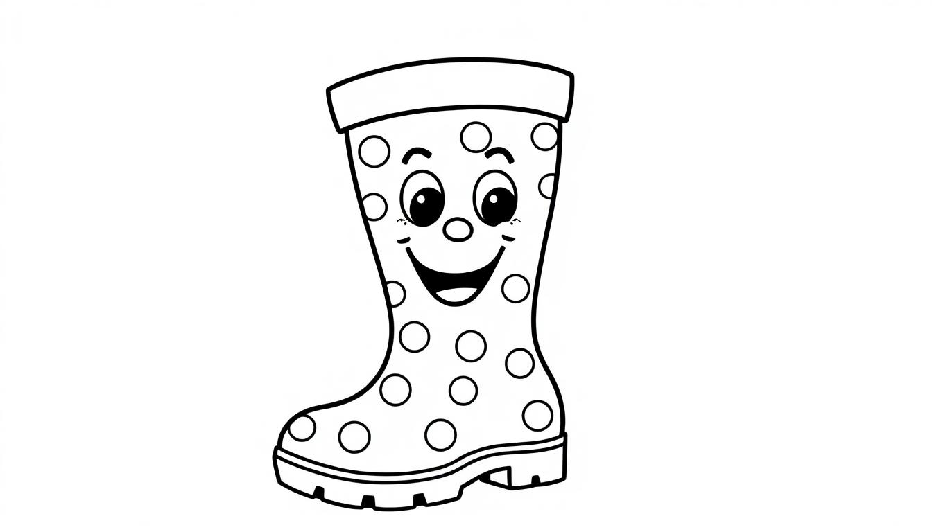 Schwarz-weiße Farbtafel eines fröhlichen Cartoon-Gummistiefels mit Punkten.