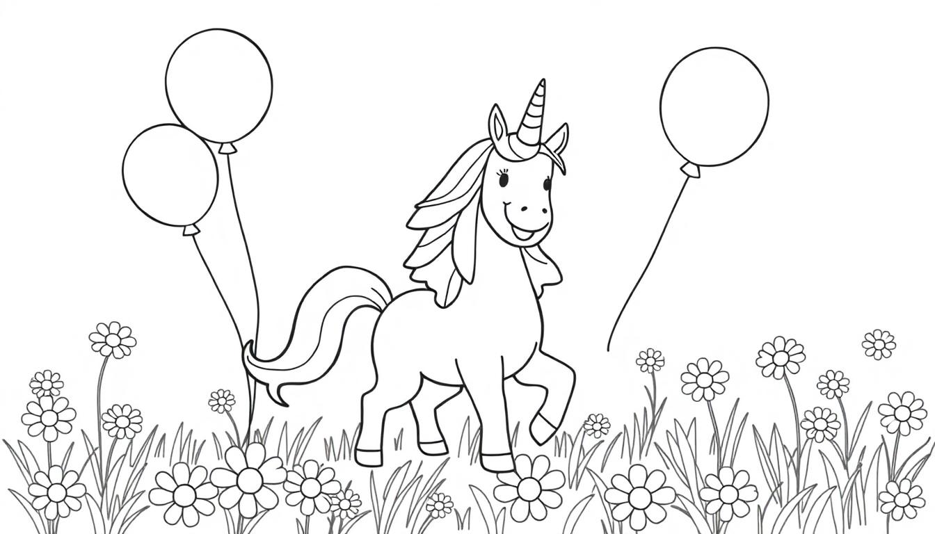 Schwarz-Weiß-Farbtafel-Zeichnung eines Einhorns mit Ballons im Umrissstil.