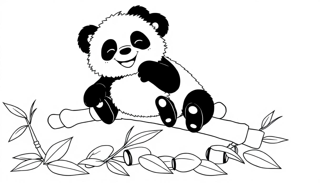 Eine schwarz-weiße Farbtafel eines niedlich lächelnden Pandas, der auf einem Bambusstamm sitzt.