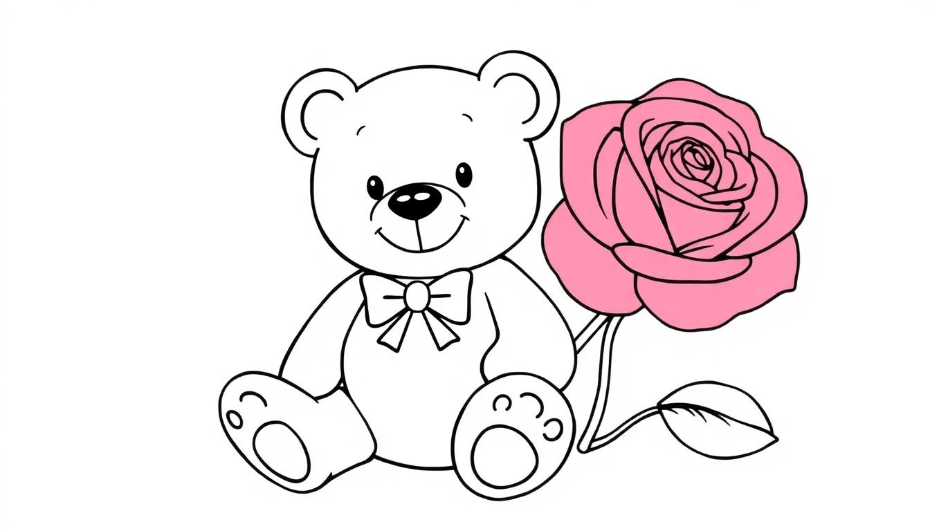Ein süßer Teddybär sitzt neben einer rosa Rose, bereit zum Ausmalen als Farbtafel.