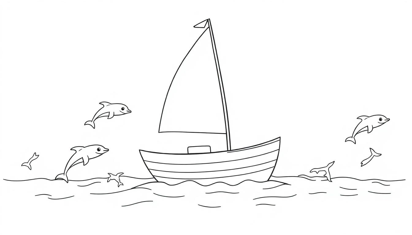 Eine schwarz-weiße Farbtafel-Zeichnung eines niedlichen Segelbootes auf dem Meer mit Delfinen.
